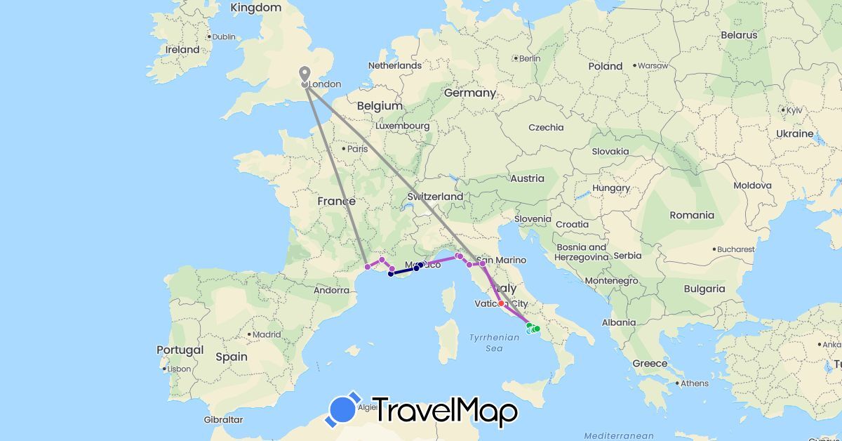TravelMap itinerary: driving, bus, plane, train, hiking, boat in France, United Kingdom, Italy, Monaco, Vatican City (Europe)