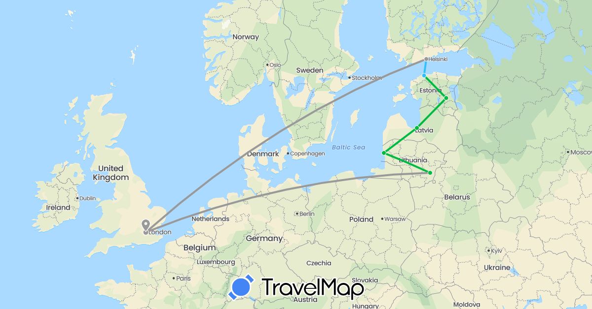 TravelMap itinerary: driving, bus, plane, boat in Estonia, Finland, United Kingdom, Lithuania, Latvia (Europe)